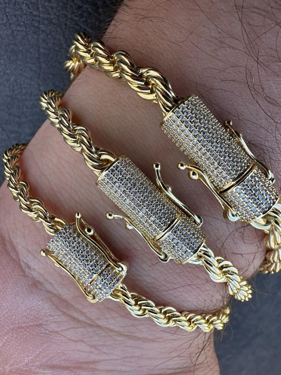 MOISSANITE CLASP Rope Bracelet - 14k Gold Plated Stainless Steel - 7.5"-8.5" - 4mm-6mm