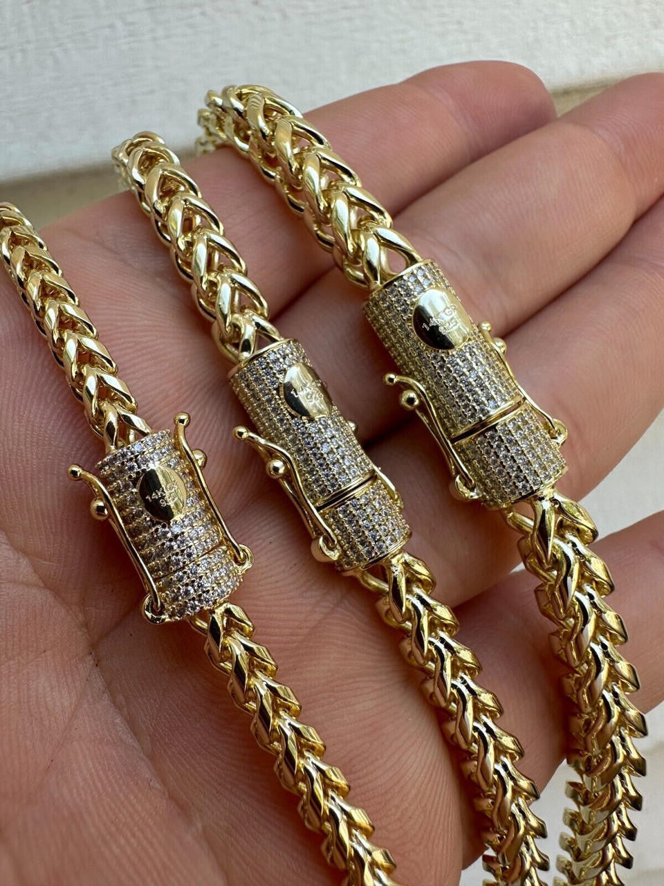 MOISSANITE CLASP Franco Chain Necklace - 14k Gold Plated Stainless Steel - 18"-30" - 4mm-6mm