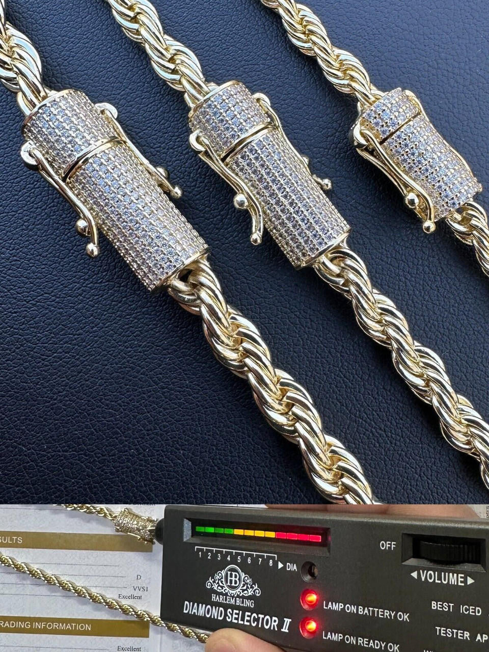 MOISSANITE CLASP Rope Chain Necklace - 14k Gold Plated Stainless Steel - 18"-30" - 4mm-6mm