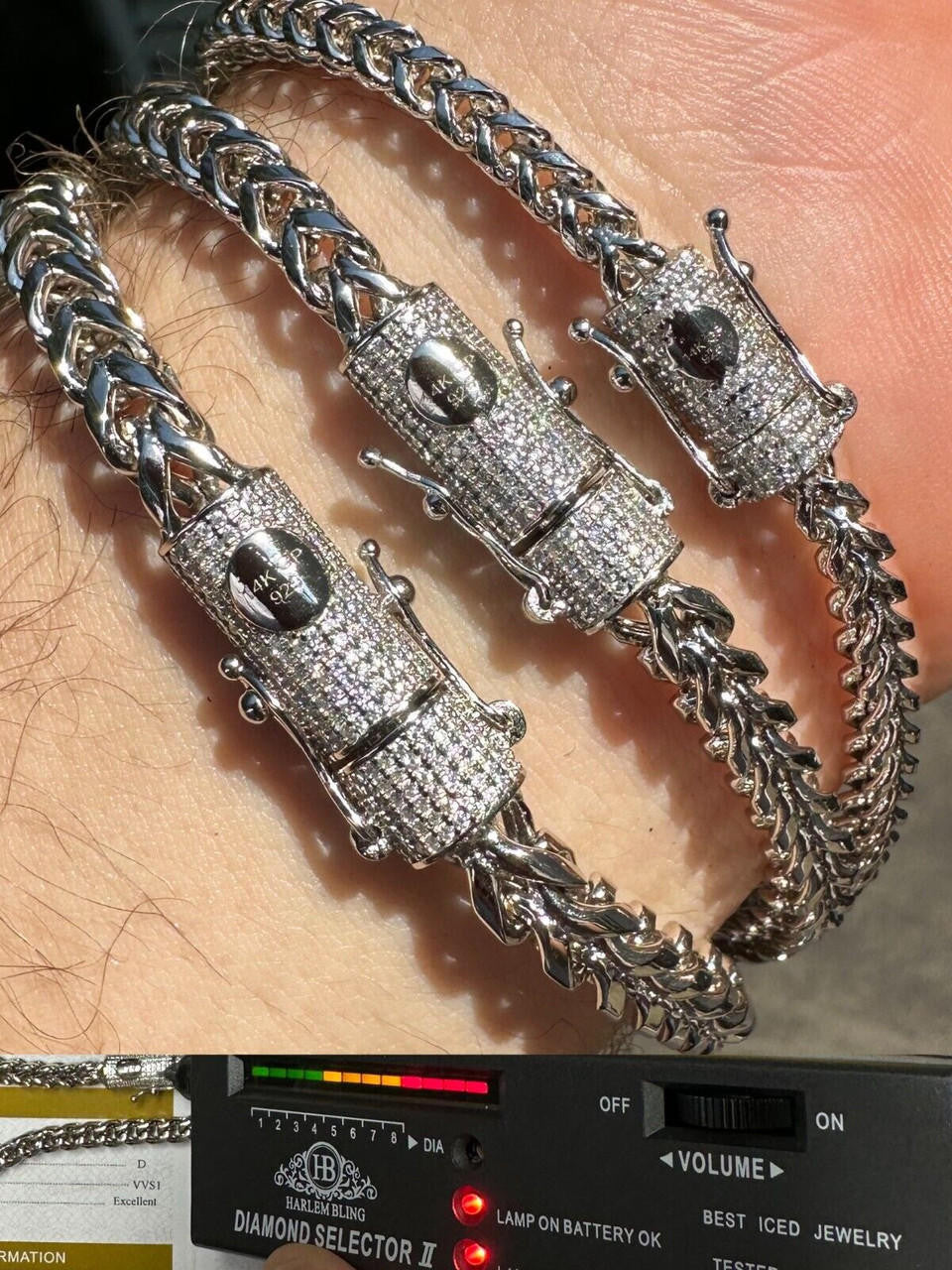 MOISSANITE CLASP Franco Bracelet - Stainless Steel W. 925 Silver Clasp - 7.5"-8.5" - 4mm-6mm