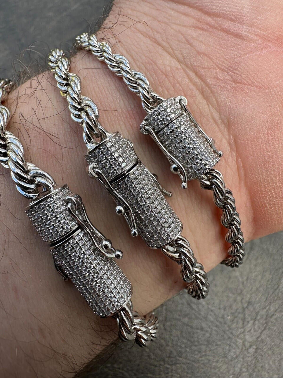 MOISSANITE CLASP Rope Bracelet - Stainless Steel W. 925 Silver Clasp - 7.5"-8.5" - 4mm-6mm