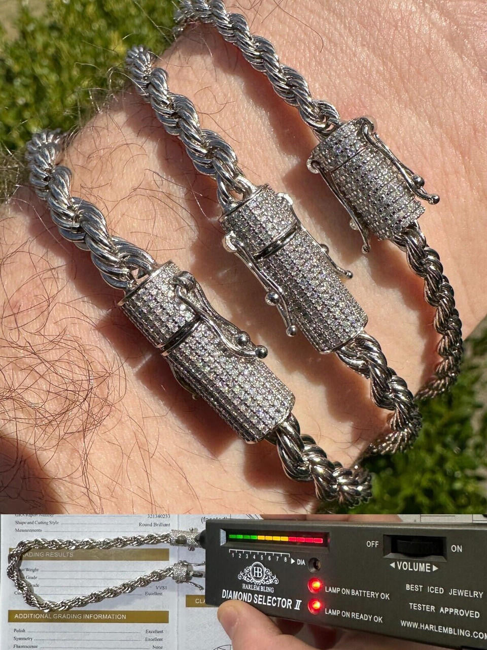MOISSANITE CLASP Rope Bracelet - Stainless Steel W. 925 Silver Clasp - 7.5"-8.5" - 4mm-6mm