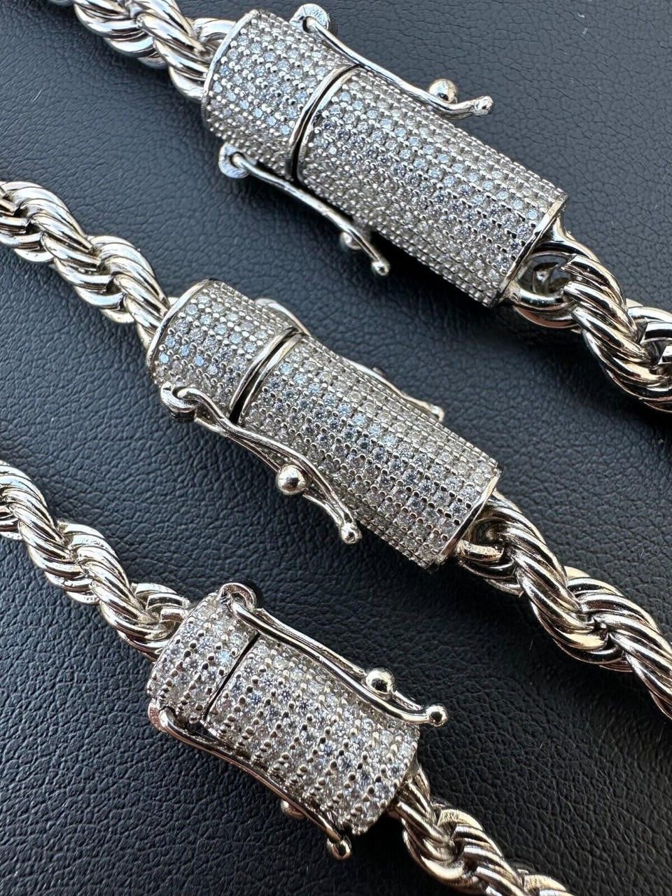 Iced MOISSANITE Clasp 925 Silver & Stainless Steel Rope Chain Necklace Bracelet