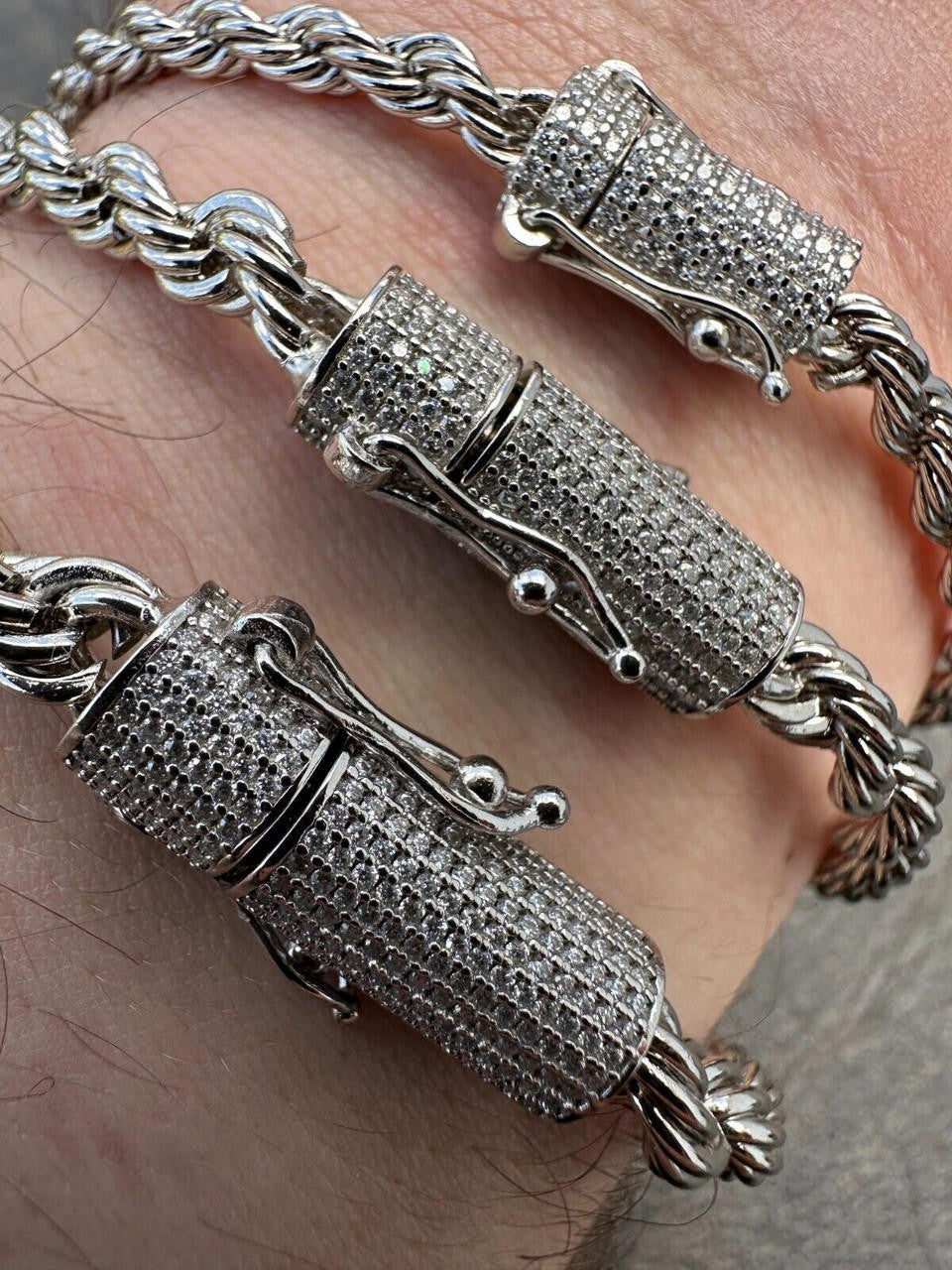 Iced MOISSANITE Clasp 925 Silver & Stainless Steel Rope Chain Necklace Bracelet