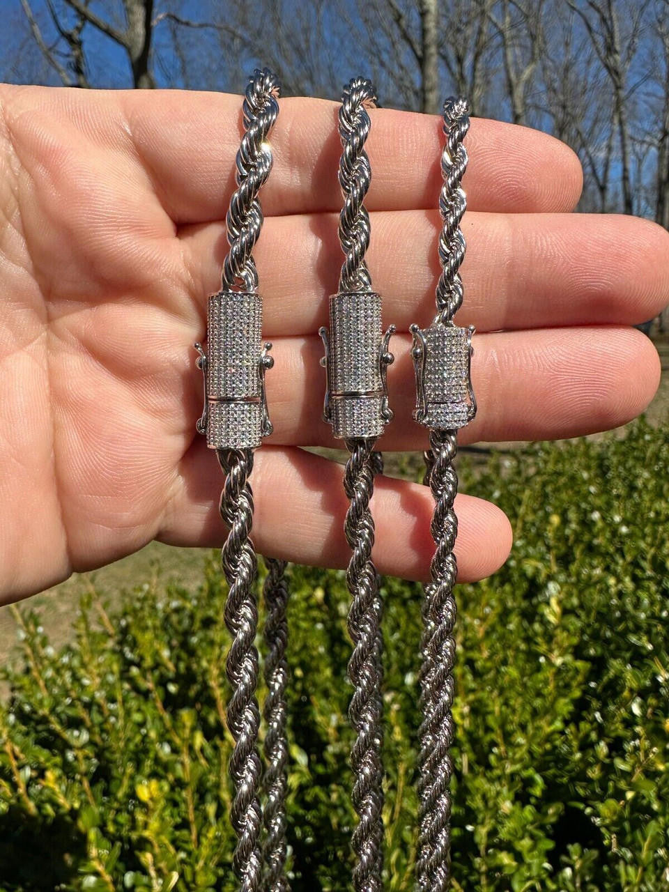 MOISSANITE CLASP Rope Chain Necklace - Stainless Steel W. 925 Silver Clasp - 18"-30" - 4mm-6mm