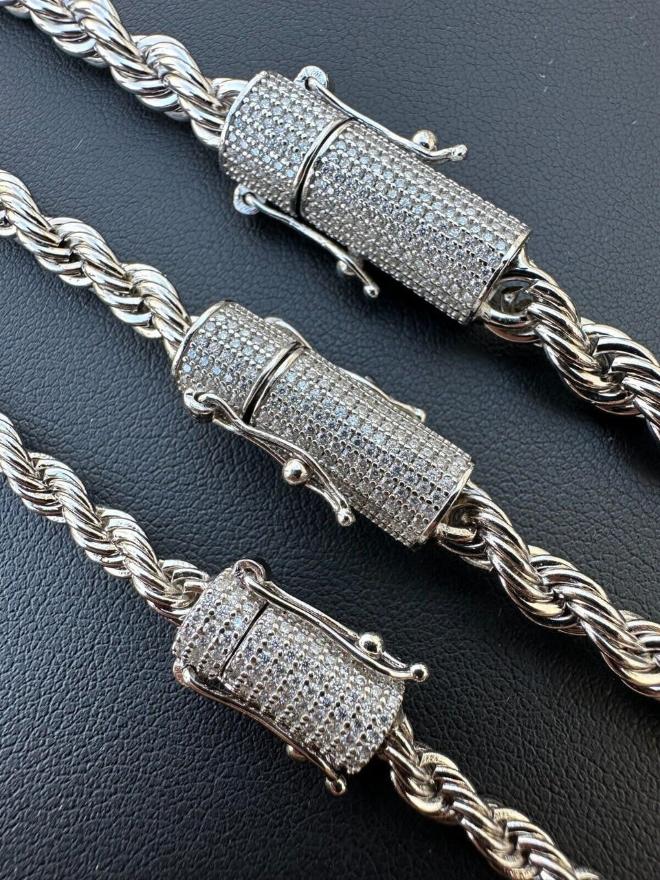 MOISSANITE CLASP Rope Chain Necklace - Stainless Steel W. 925 Silver Clasp - 18"-30" - 4mm-6mm