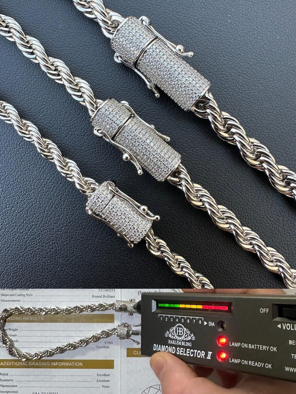 MOISSANITE CLASP Rope Chain Necklace - Stainless Steel W. 925 Silver Clasp - 18"-30" - 4mm-6mm