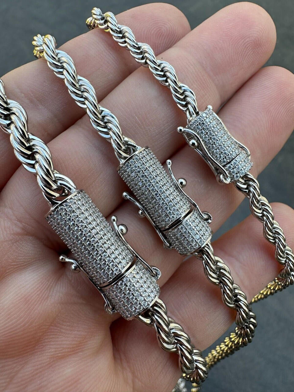 MOISSANITE CLASP Rope Chain Necklace - Stainless Steel W. 925 Silver Clasp - 18"-30" - 4mm-6mm