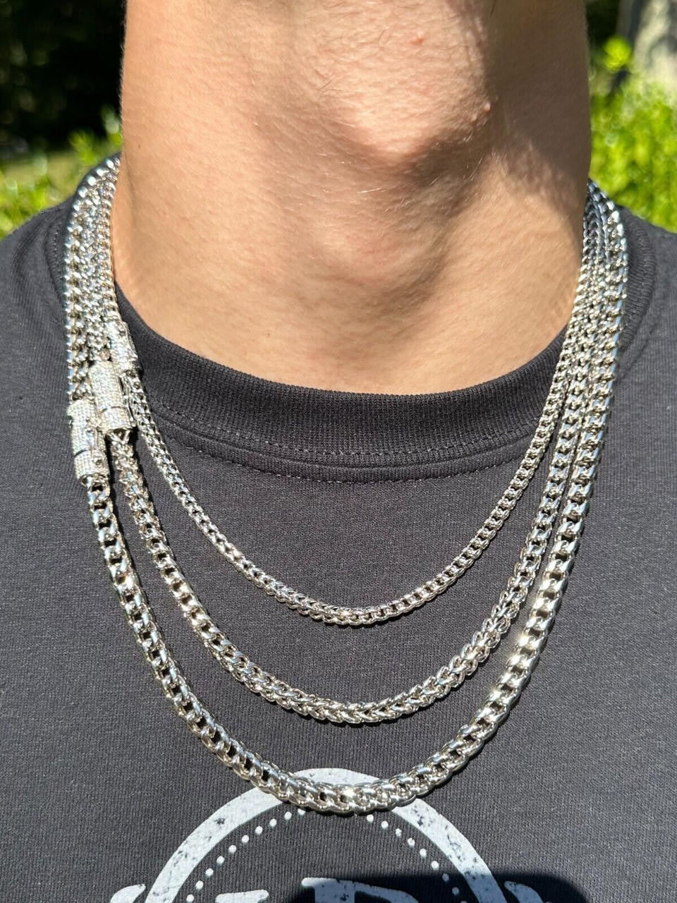 MOISSANITE CLASP Franco Chain Necklace - Stainless Steel W. 925 Silver Clasp - 18"-30" - 4mm-6mm