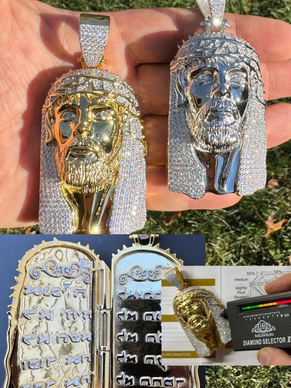 MOISSANITE Hip Hop Jesus Piece Opens Up Ten Commandments  - 14k Yellow Gold Vermeil Or 925 Silver - Large 3.25"