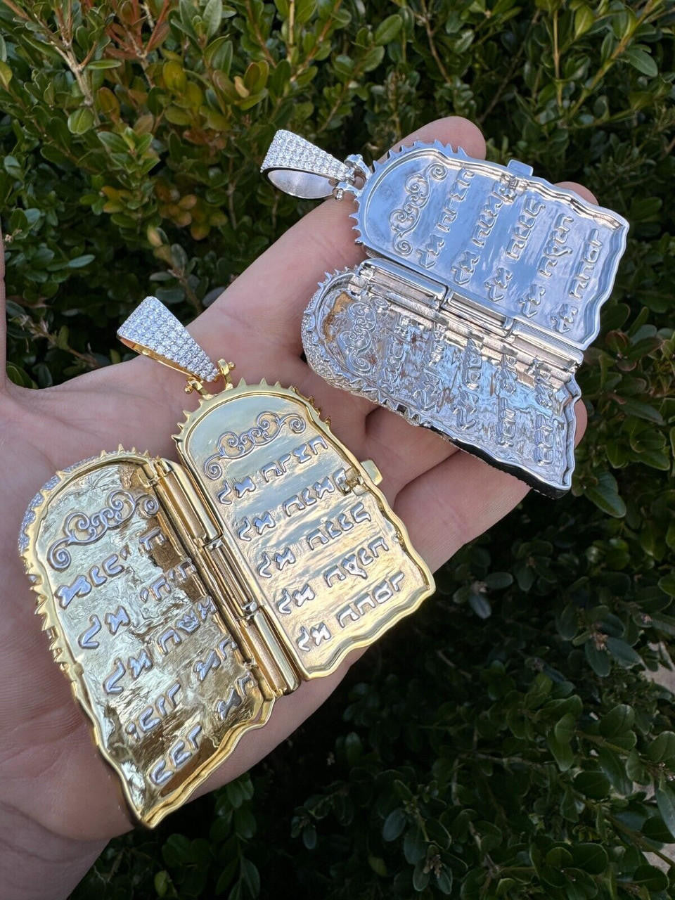 MOISSANITE Hip Hop Jesus Piece Opens Up Ten Commandments  - 14k Yellow Gold Vermeil Or 925 Silver - Large 3.25"