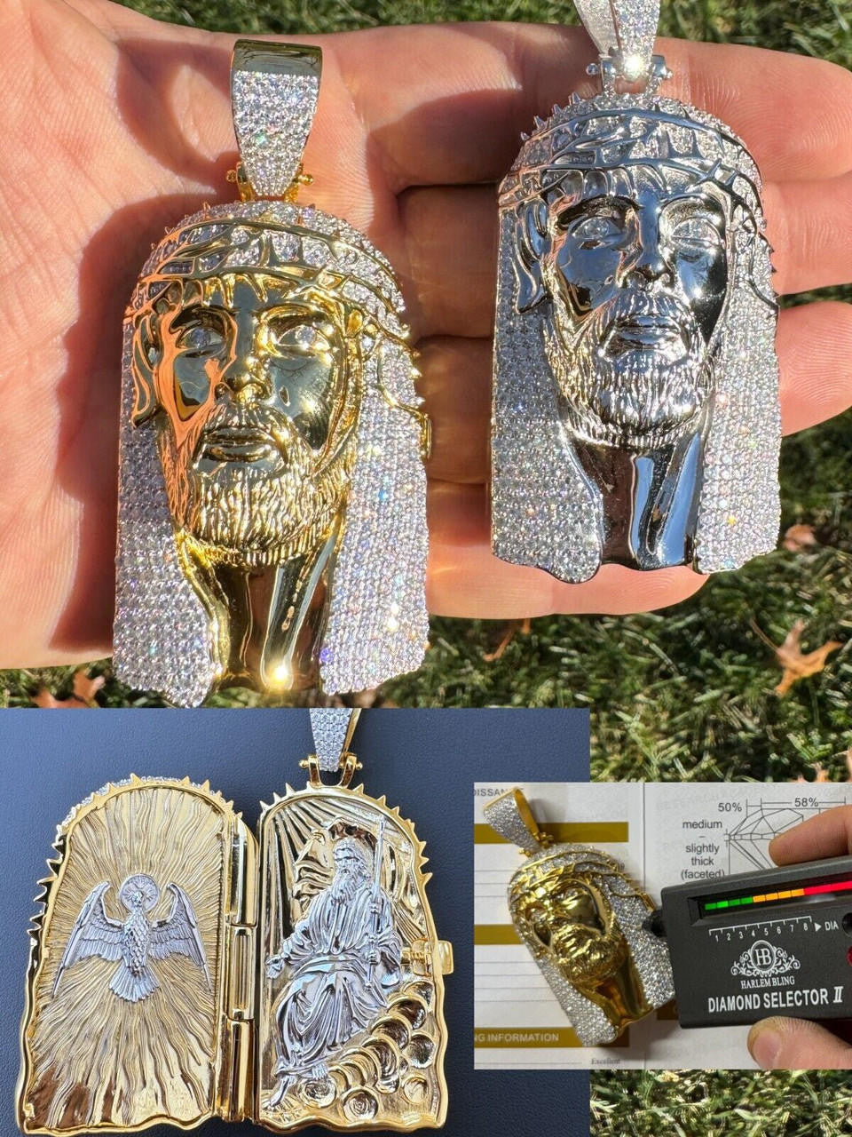 MOISSANITE Hip Hop Jesus Piece Opens Up Father Son & Holy Spirit  - 14k Gold Vermeil Or 925 Silver - Large 3.25"