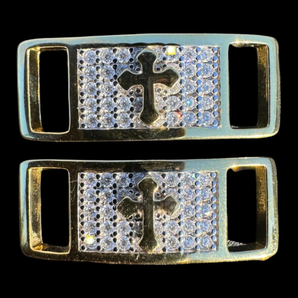 MOISSANITE Iced Out Cross Lace Locks - 14k Gold Vermeil Over 925 Silver - Great For All Sneakers: Nike Air Force 1, Jordans, & More