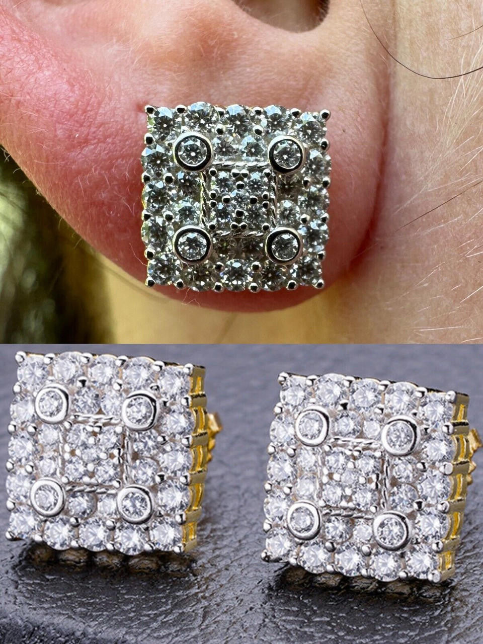 Four Corners Square Iced Out Earrings - 14k Gold Vermeil 925 Silver - CZ Stones - 10mm