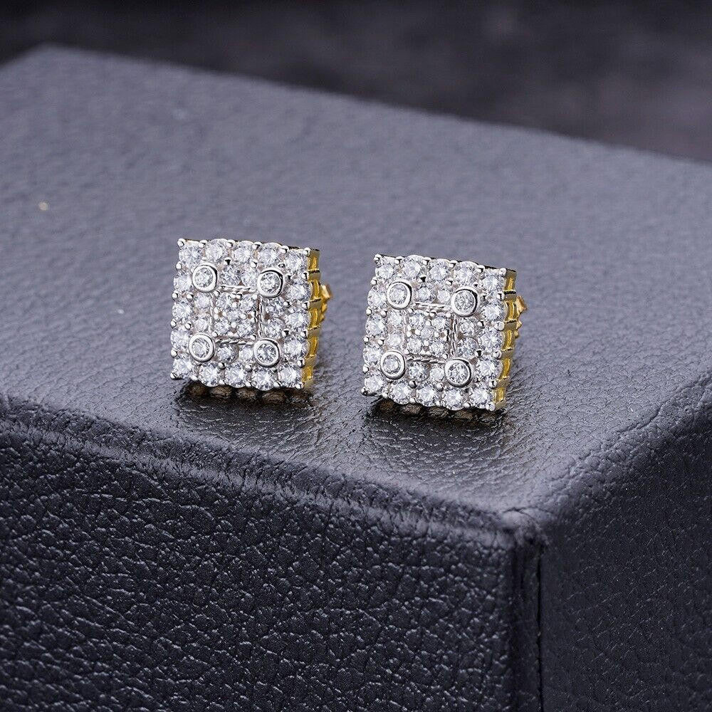 Four Corners Square Iced Out Earrings - 14k Gold Vermeil 925 Silver - CZ Stones - 10mm
