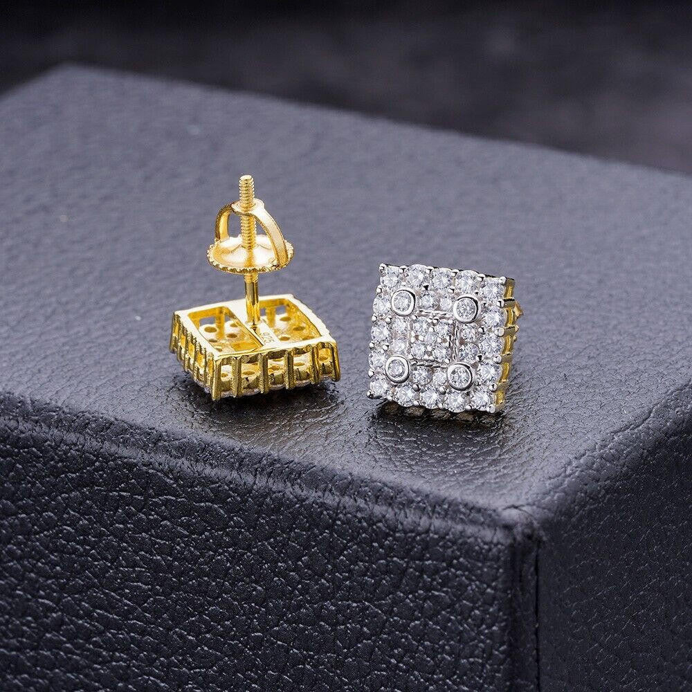 Four Corners Square Iced Out Earrings - 14k Gold Vermeil 925 Silver - CZ Stones - 10mm