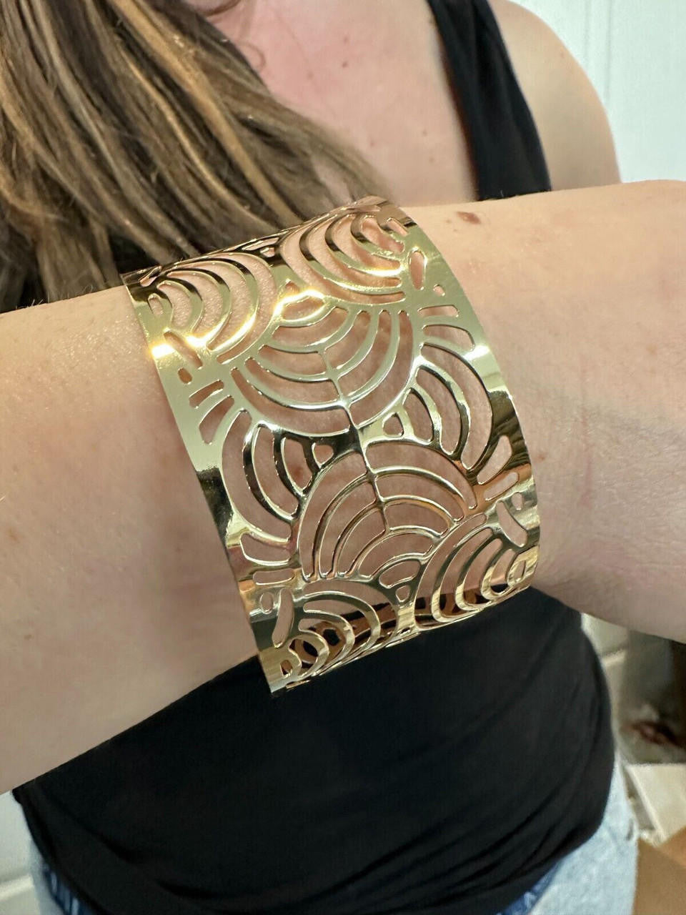 Italy Plain Solid 14k Gold Plated Real 925 Silver 1.5" Wide Cuff Bangle Bracelet