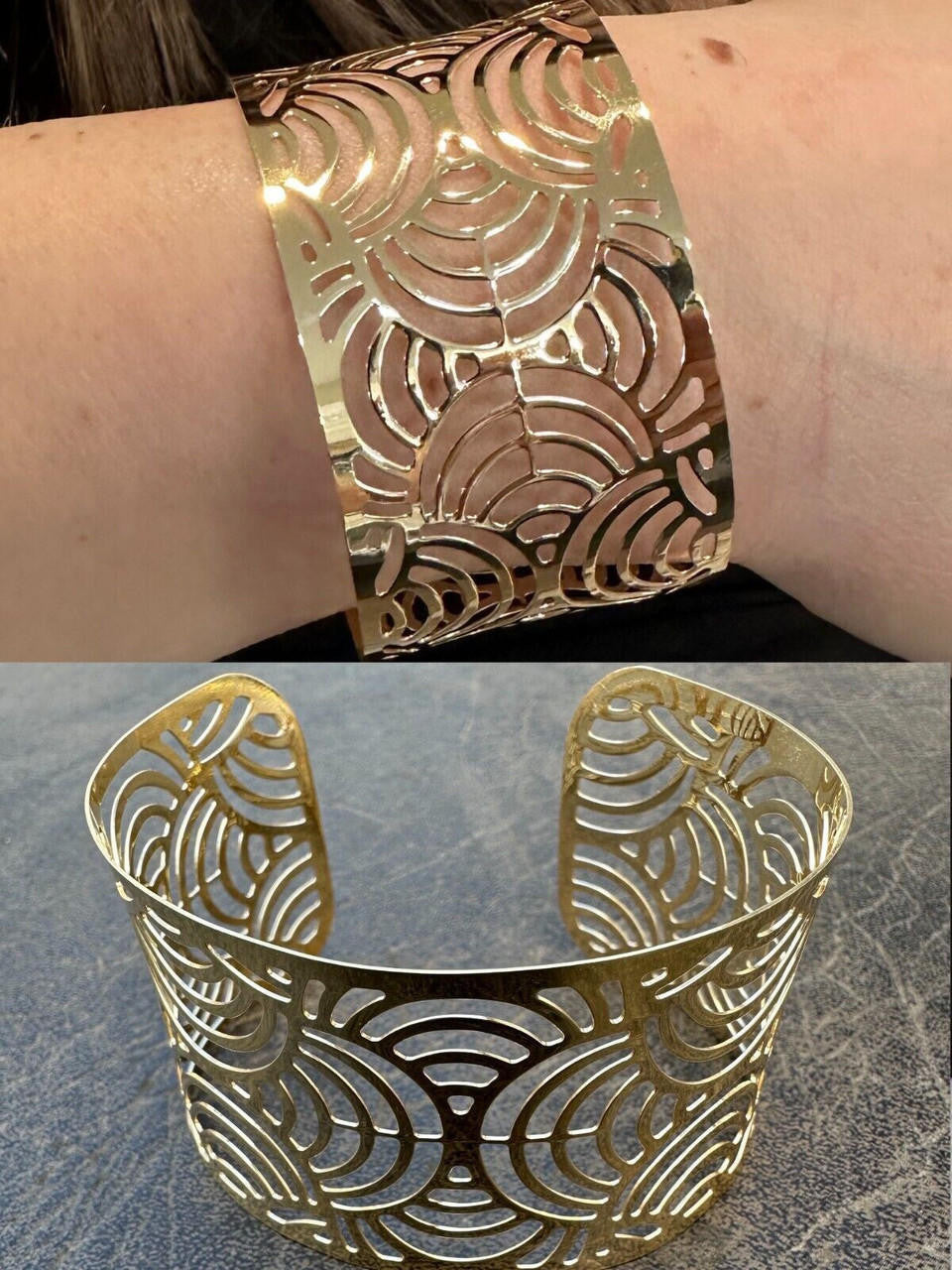 Italy Plain Solid 14k Gold Plated Real 925 Silver 1.5" Wide Cuff Bangle Bracelet