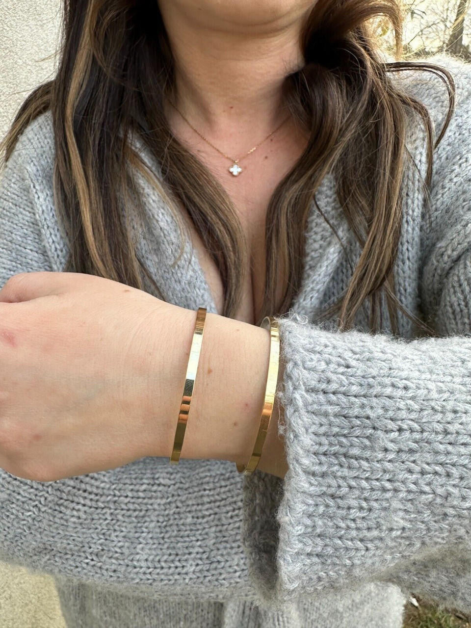 Italy Real 14k Gold Plated 925 Sterling Silver Plain 1.5" Cuff Bangle Bracelet