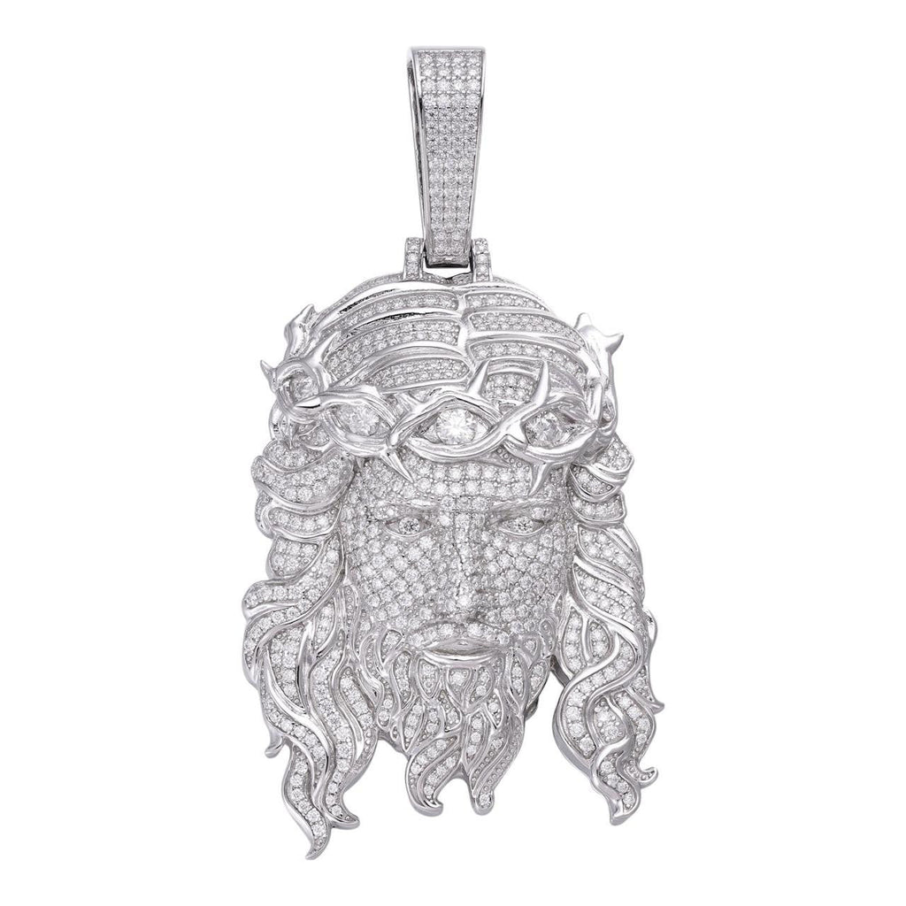 Jesus Bust Down Pendant - 925 Silver - CZ Stones - 2 Sizes 2.25"-3"
