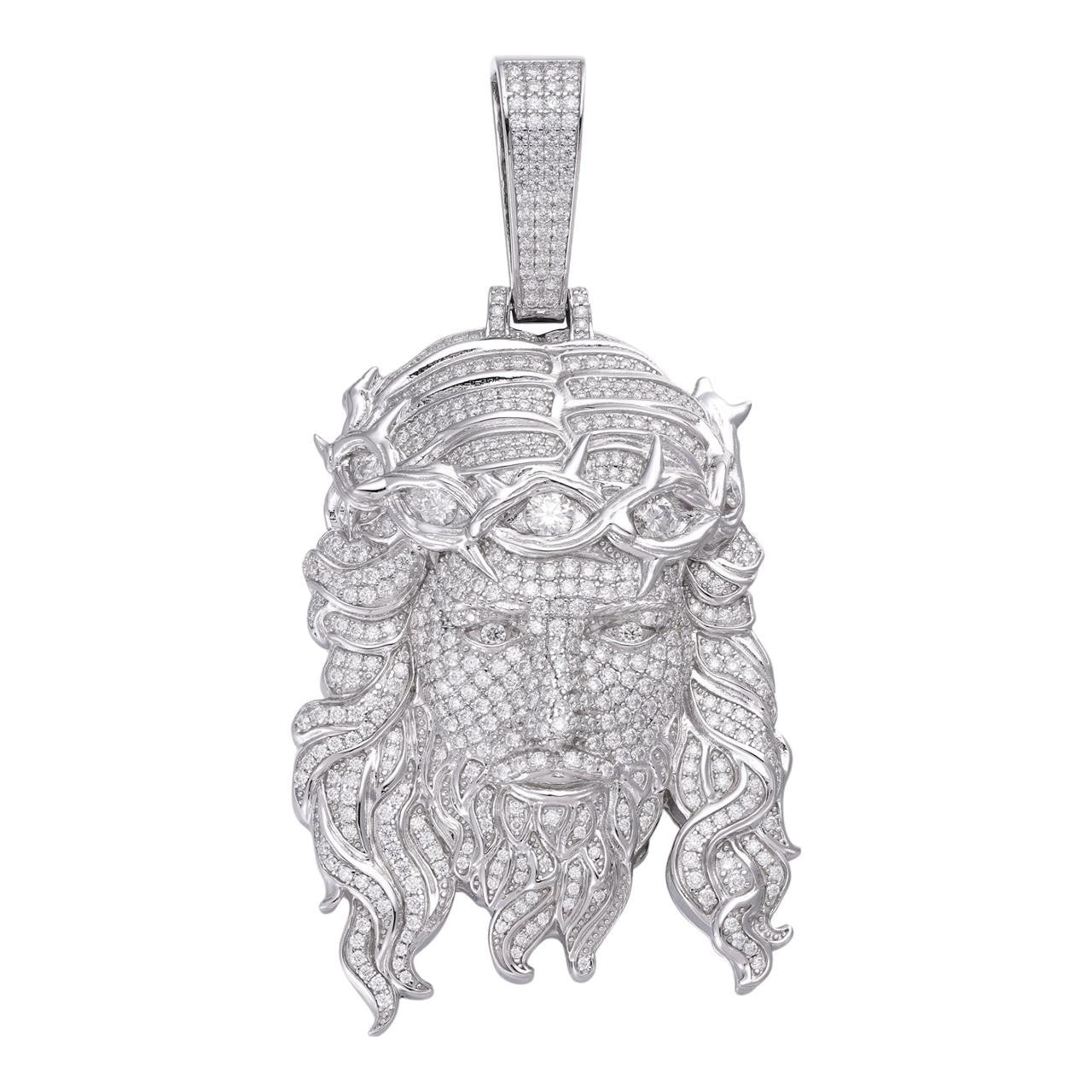 Jesus Bust Down Pendant - 925 Silver - CZ Stones - 2 Sizes 2.25"-3"