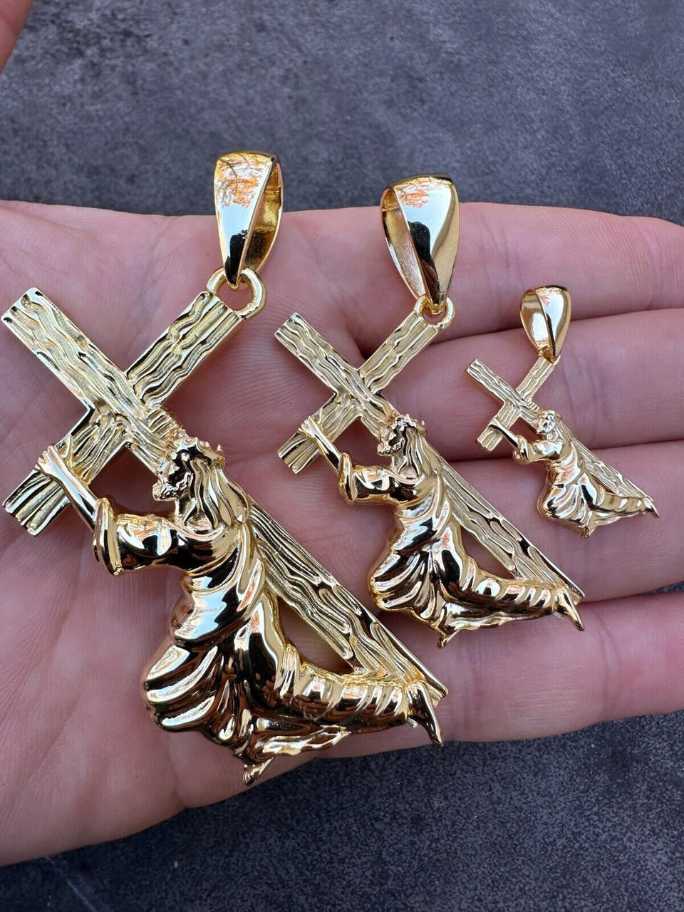 Jesus Carrying Cross Plain Pendant - 14k Gold Vermeil 925 Silver - 3 Sizes 1"-3"