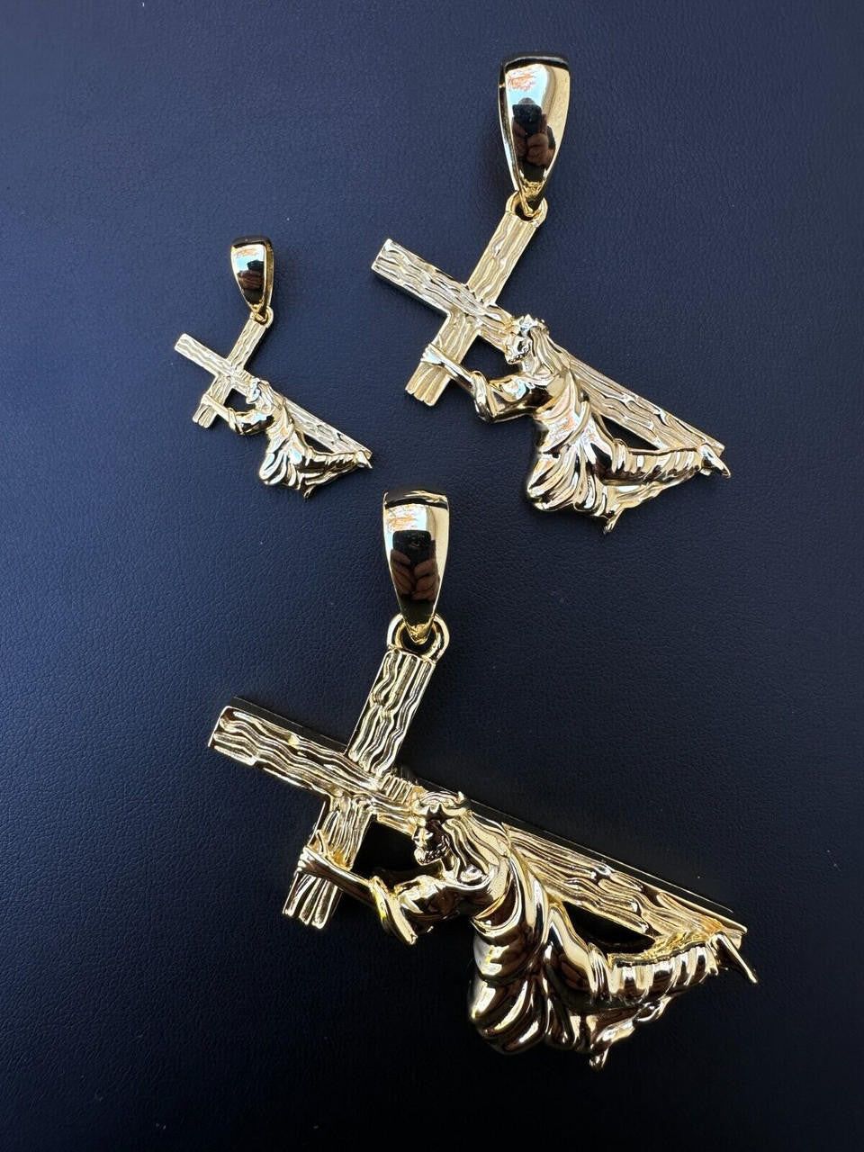 Jesus Carrying Cross Plain Pendant - 14k Gold Vermeil 925 Silver - 3 Sizes 1"-3"