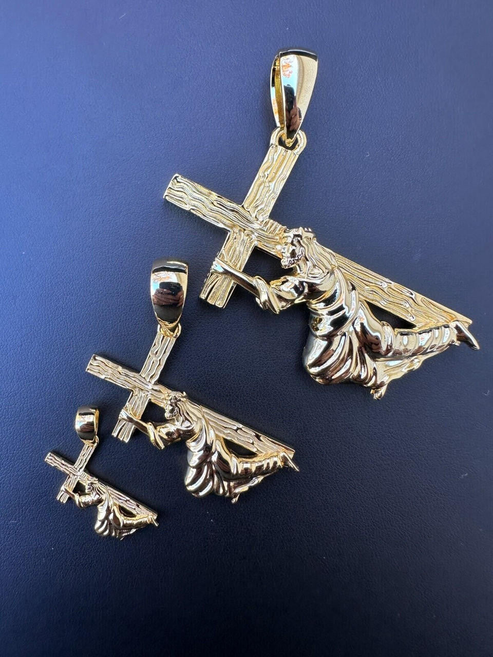 Jesus Carrying Cross Plain Pendant - 14k Gold Vermeil 925 Silver - 3 Sizes 1"-3"