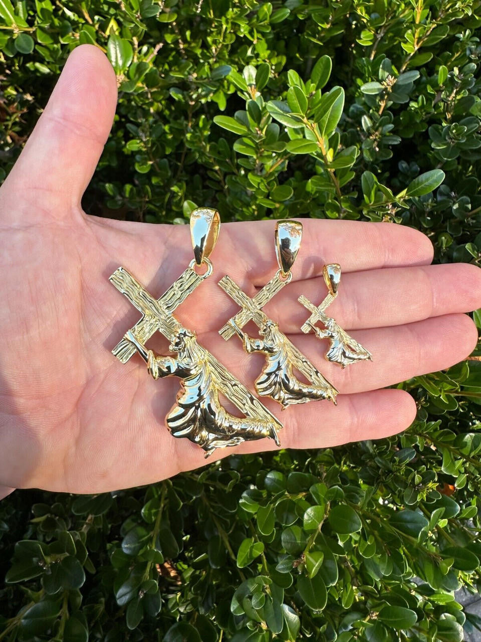 Jesus Carrying Cross Plain Pendant - 14k Gold Vermeil 925 Silver - 3 Sizes 1"-3"