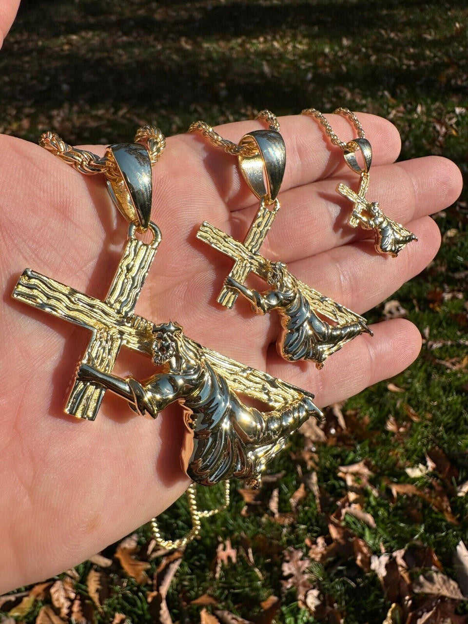 Jesus Carrying Cross Plain Pendant - 14k Gold Vermeil 925 Silver - 3 Sizes 1"-3"