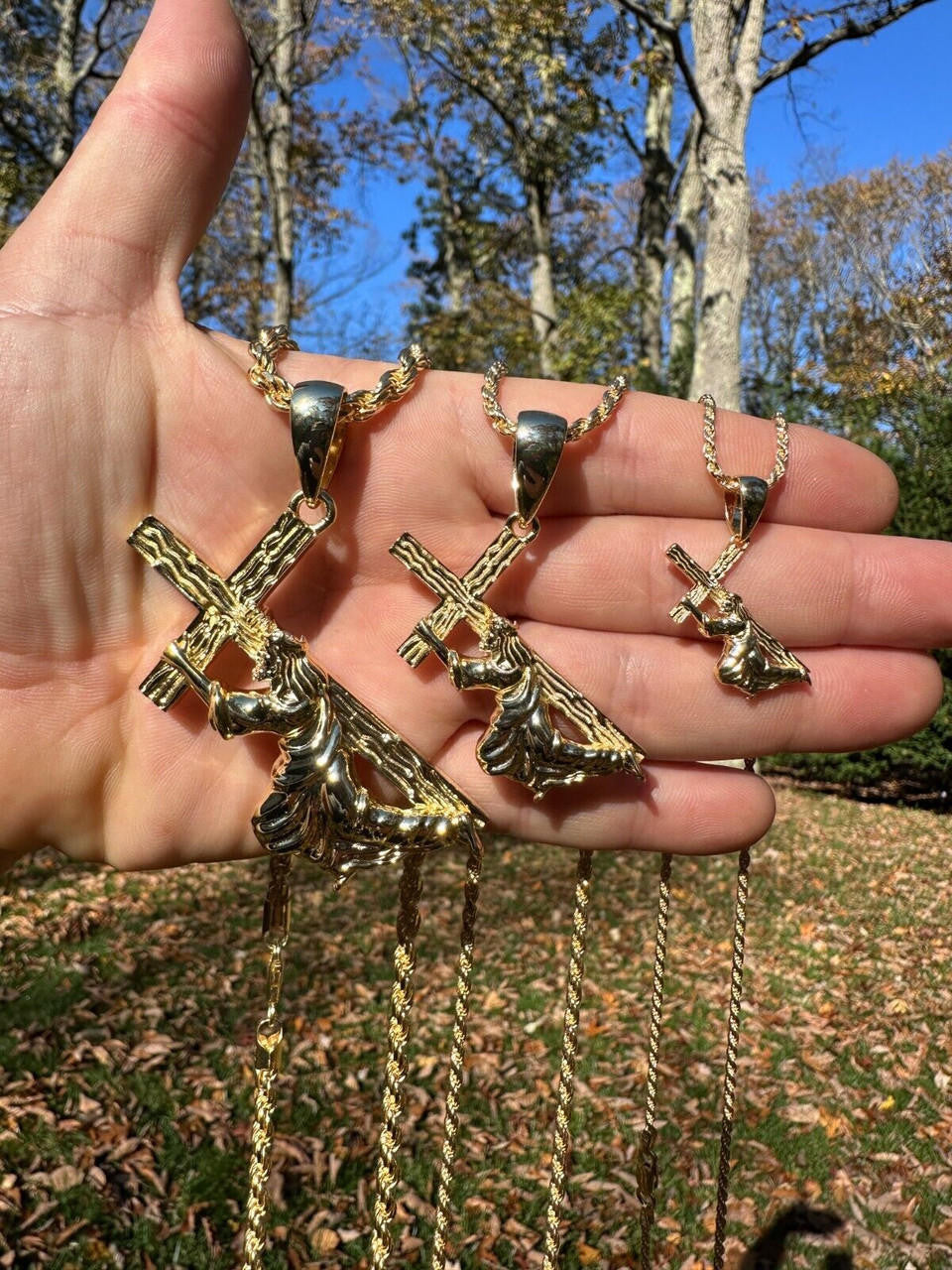 Jesus Carrying Cross Plain Pendant - 14k Gold Vermeil 925 Silver - 3 Sizes 1"-3"
