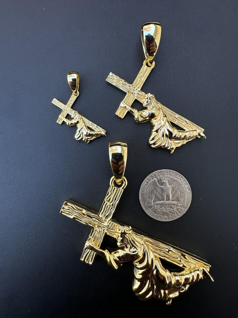 Jesus Carrying Cross Plain Pendant - 14k Gold Vermeil 925 Silver - 3 Sizes 1"-3"