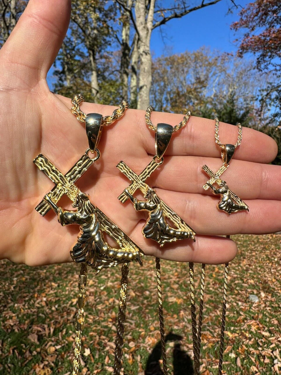 Jesus Carrying Cross Plain Pendant - 14k Gold Vermeil 925 Silver - 3 Sizes 1"-3"