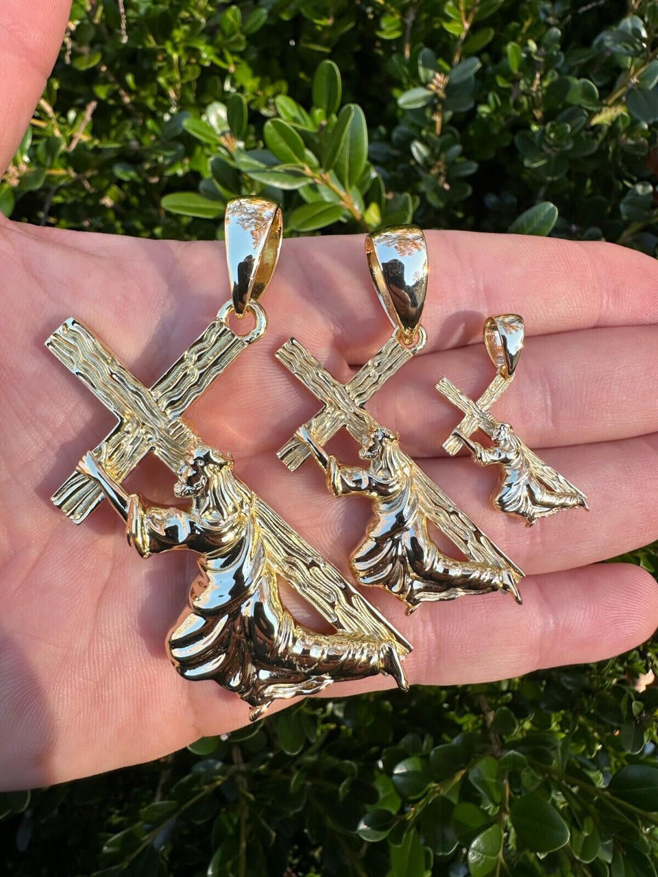 Jesus Carrying Cross Plain Pendant - 14k Gold Vermeil 925 Silver - 3 Sizes 1"-3"