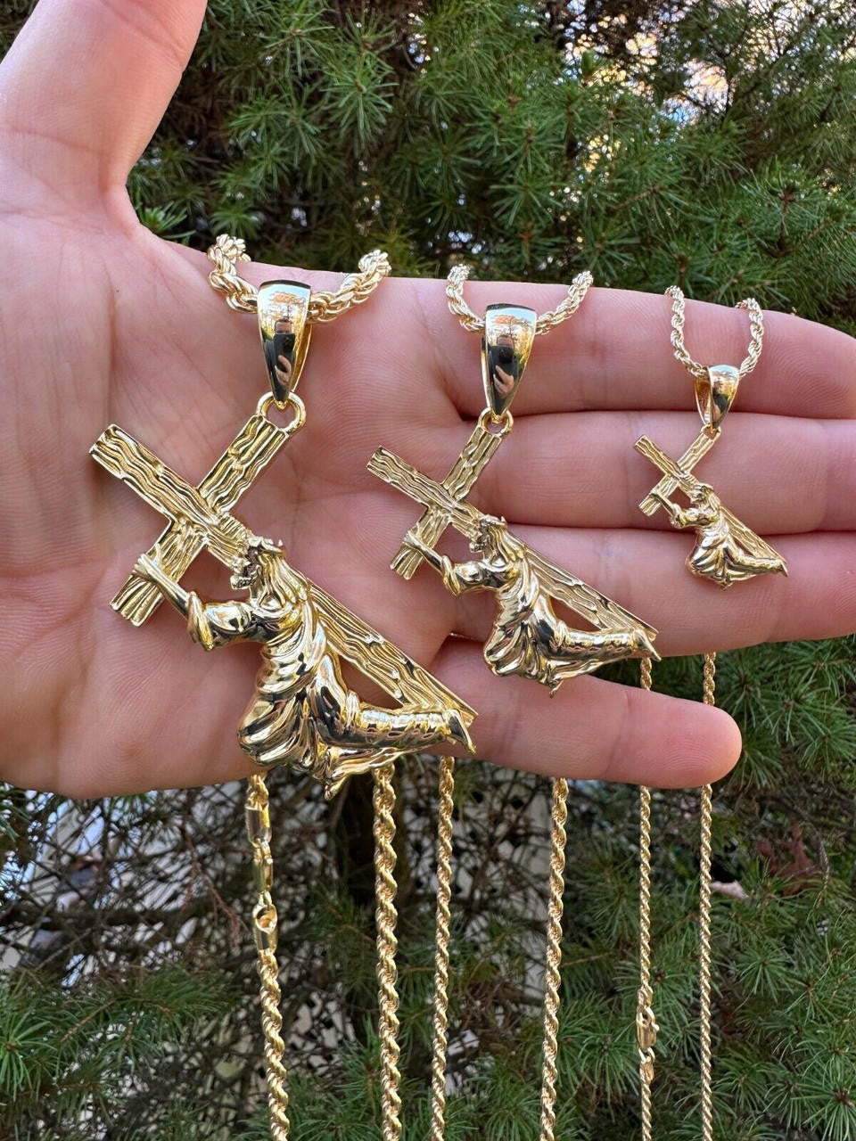 Jesus Carrying Cross Plain Pendant - 14k Gold Vermeil 925 Silver - 3 Sizes 1"-3"