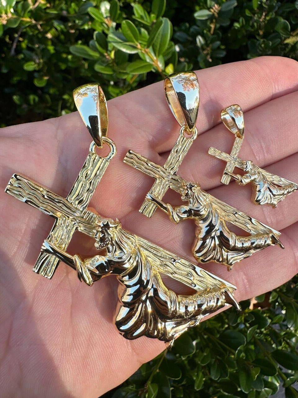 Jesus Carrying Cross Plain Pendant - 14k Gold Vermeil 925 Silver - 3 Sizes 1"-3"