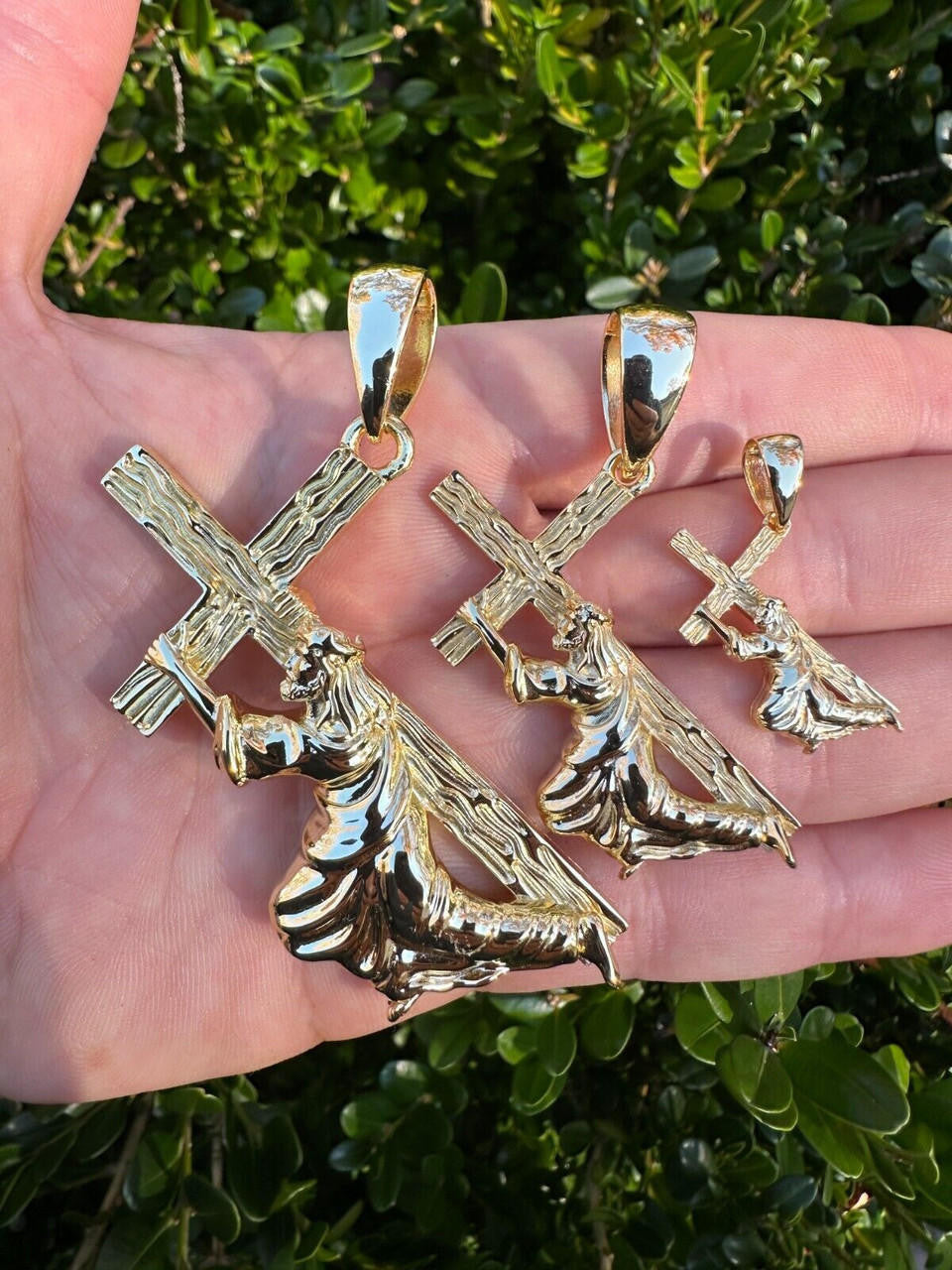 Jesus Carrying Cross Plain Pendant - 14k Gold Vermeil 925 Silver - 3 Sizes 1"-3"