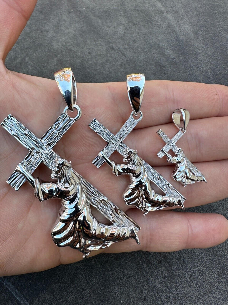 Jesus Carrying Cross Plain Pendant - 925 Silver - 3 Sizes 1"-3"