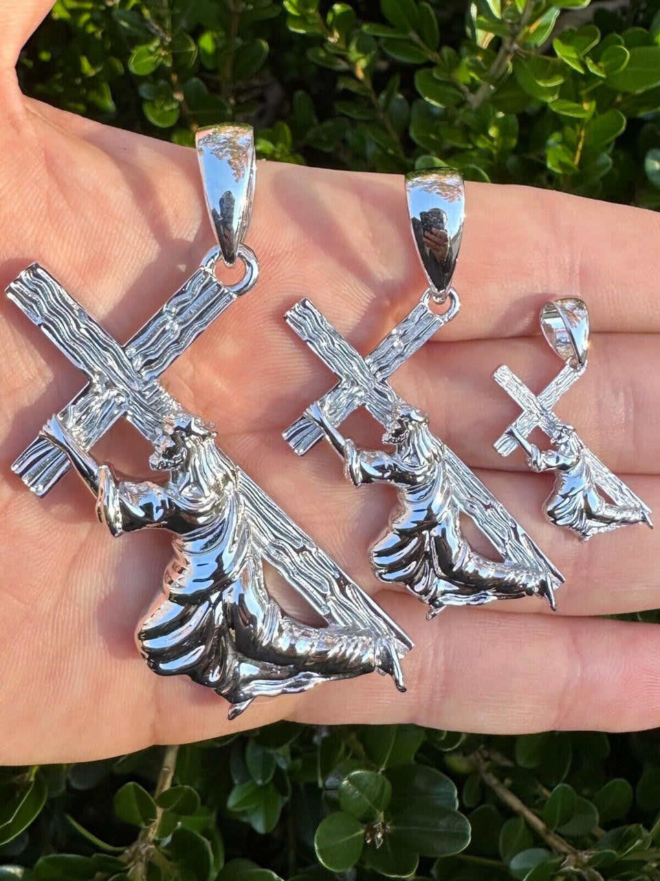 Jesus Carrying Cross Plain Pendant - 925 Silver - 3 Sizes 1"-3"