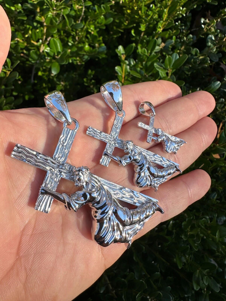 Jesus Carrying Cross Plain Pendant - 925 Silver - 3 Sizes 1"-3"