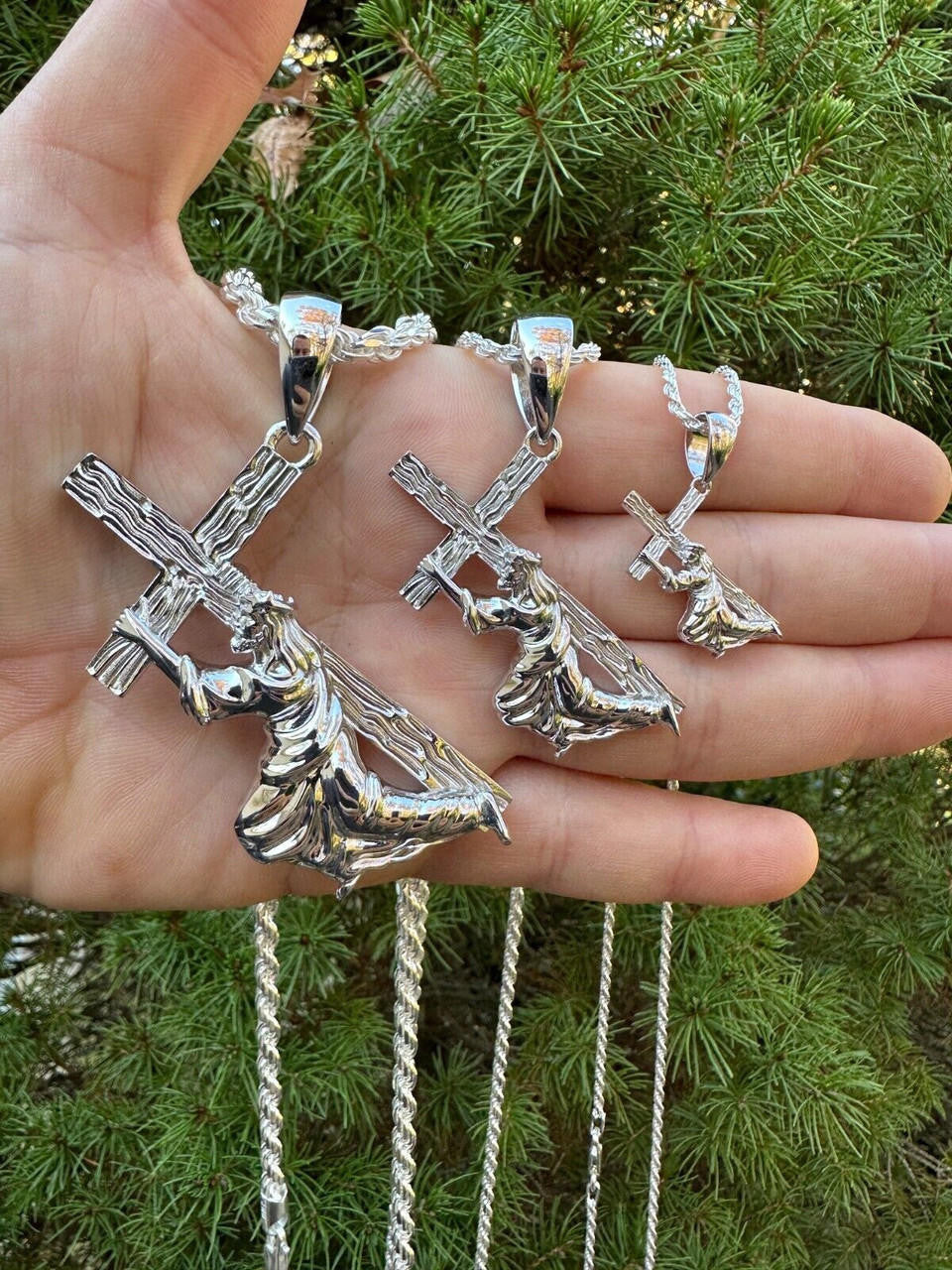 Jesus Carrying Cross Plain Pendant - 925 Silver - 3 Sizes 1"-3"