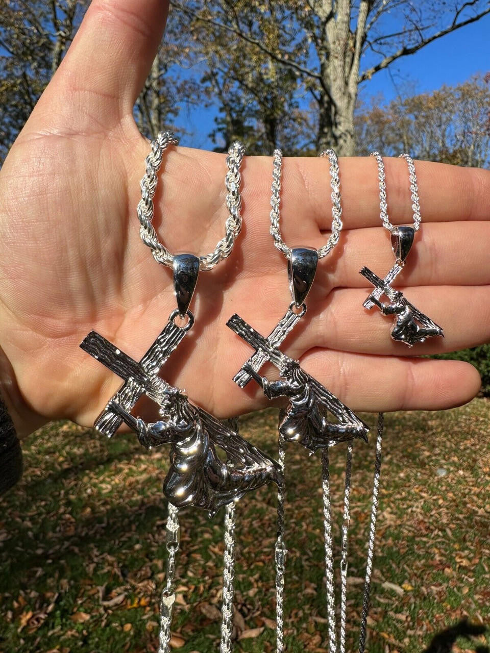Jesus Carrying Cross Plain Pendant - 925 Silver - 3 Sizes 1"-3"