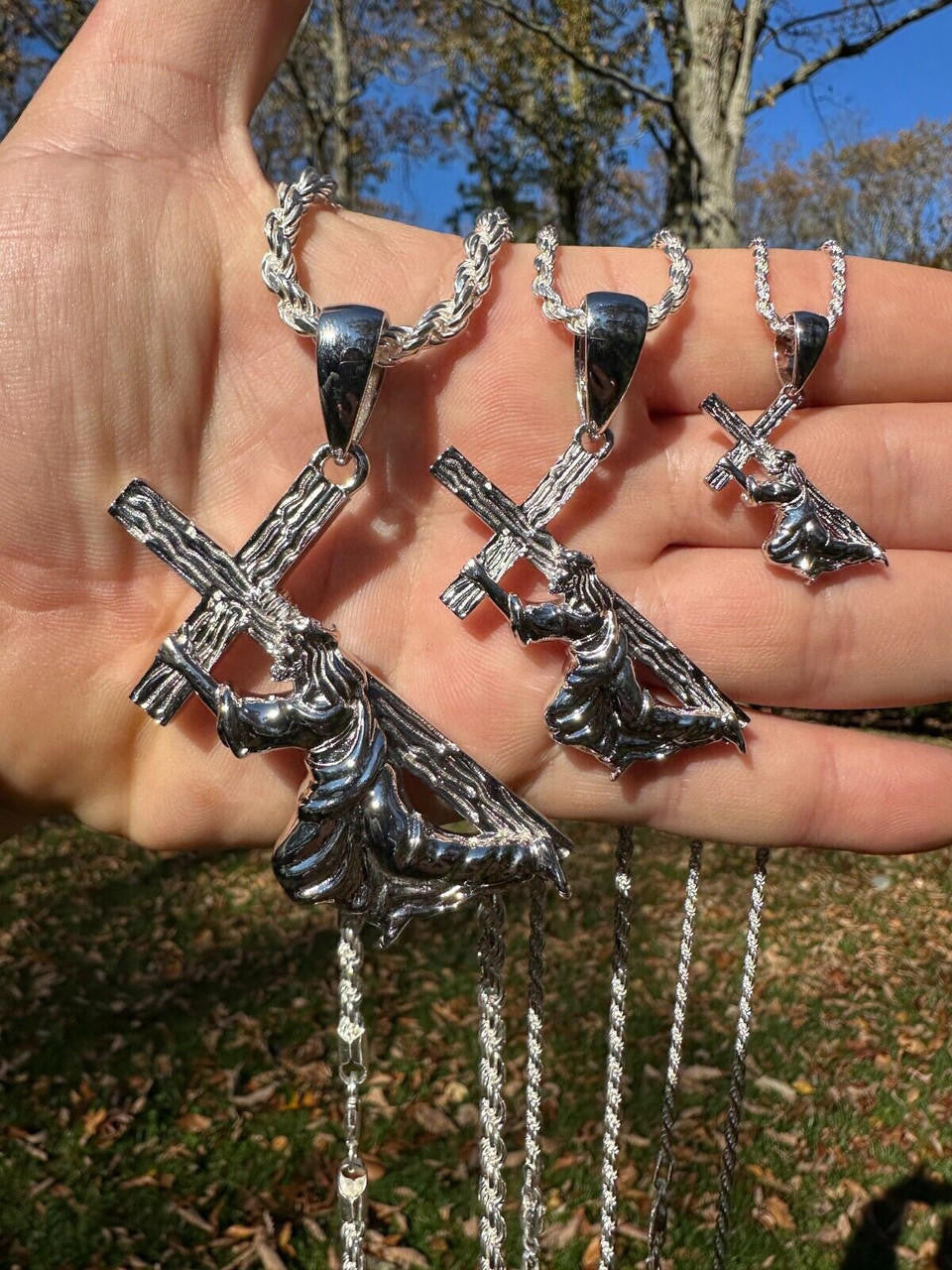 Jesus Carrying Cross Plain Pendant - 925 Silver - 3 Sizes 1"-3"