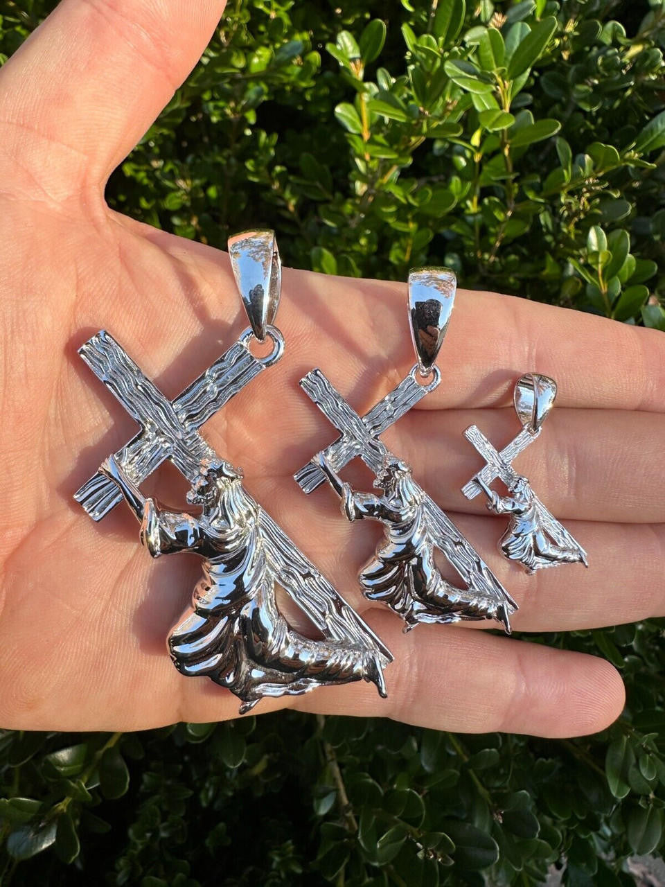 Jesus Carrying Cross Plain Pendant - 925 Silver - 3 Sizes 1"-3"