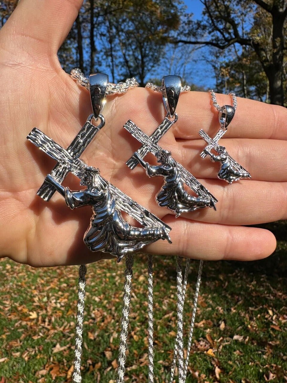 Jesus Carrying Cross Plain Pendant - 925 Silver - 3 Sizes 1"-3"