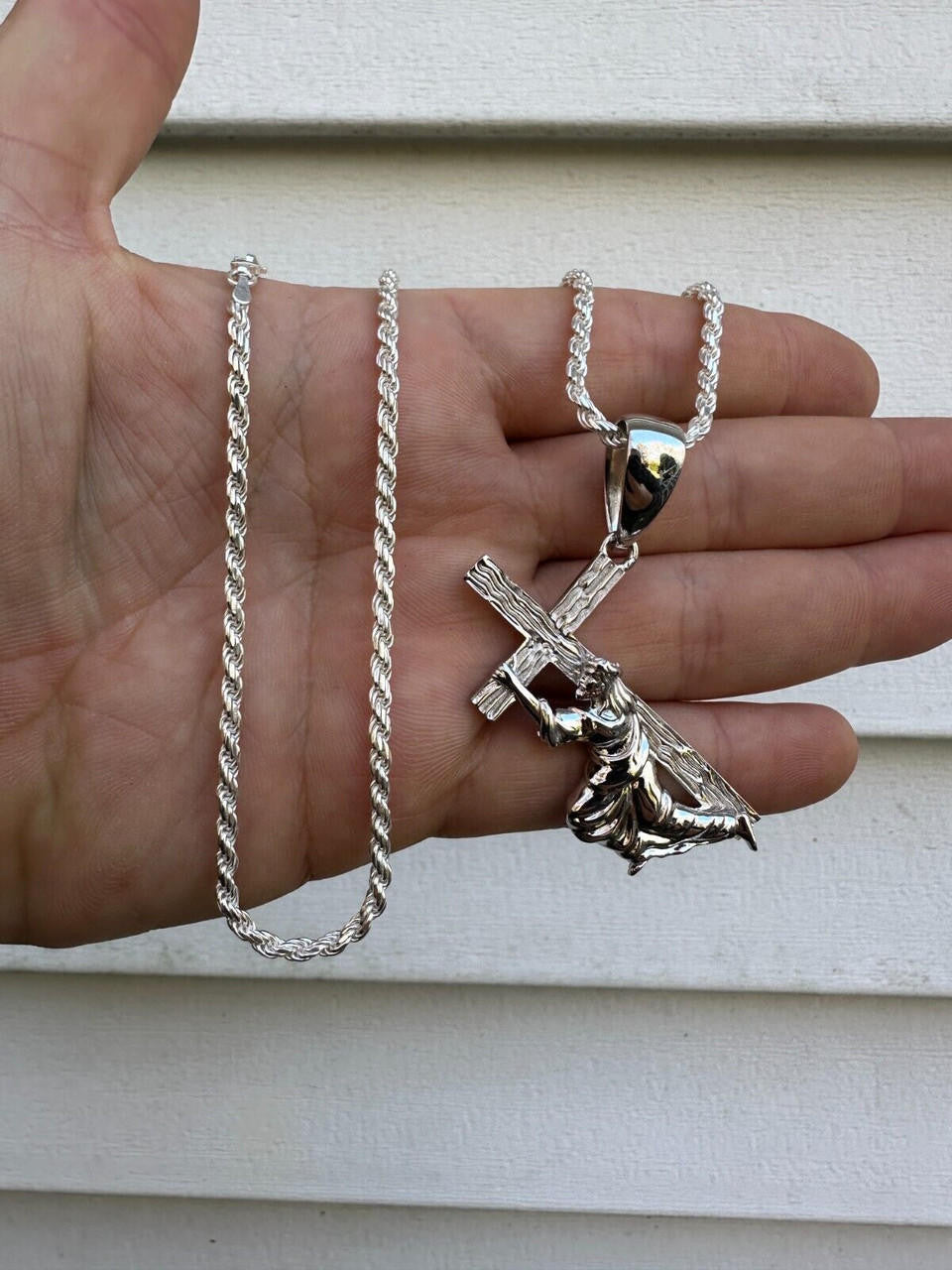 Jesus Carrying Cross Plain Pendant - 925 Silver - 3 Sizes 1"-3"