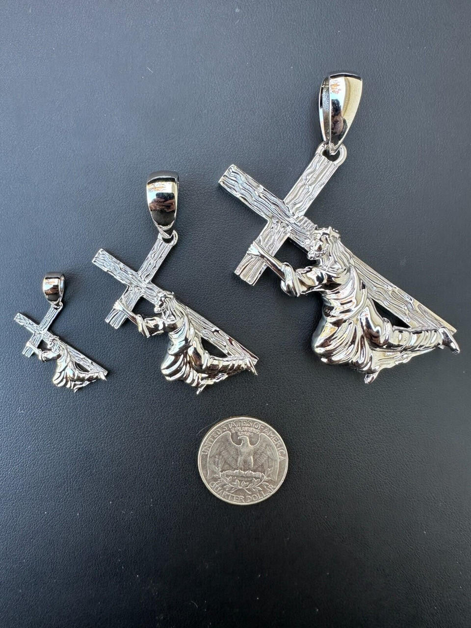 Jesus Carrying Cross Plain Pendant - 925 Silver - 3 Sizes 1"-3"