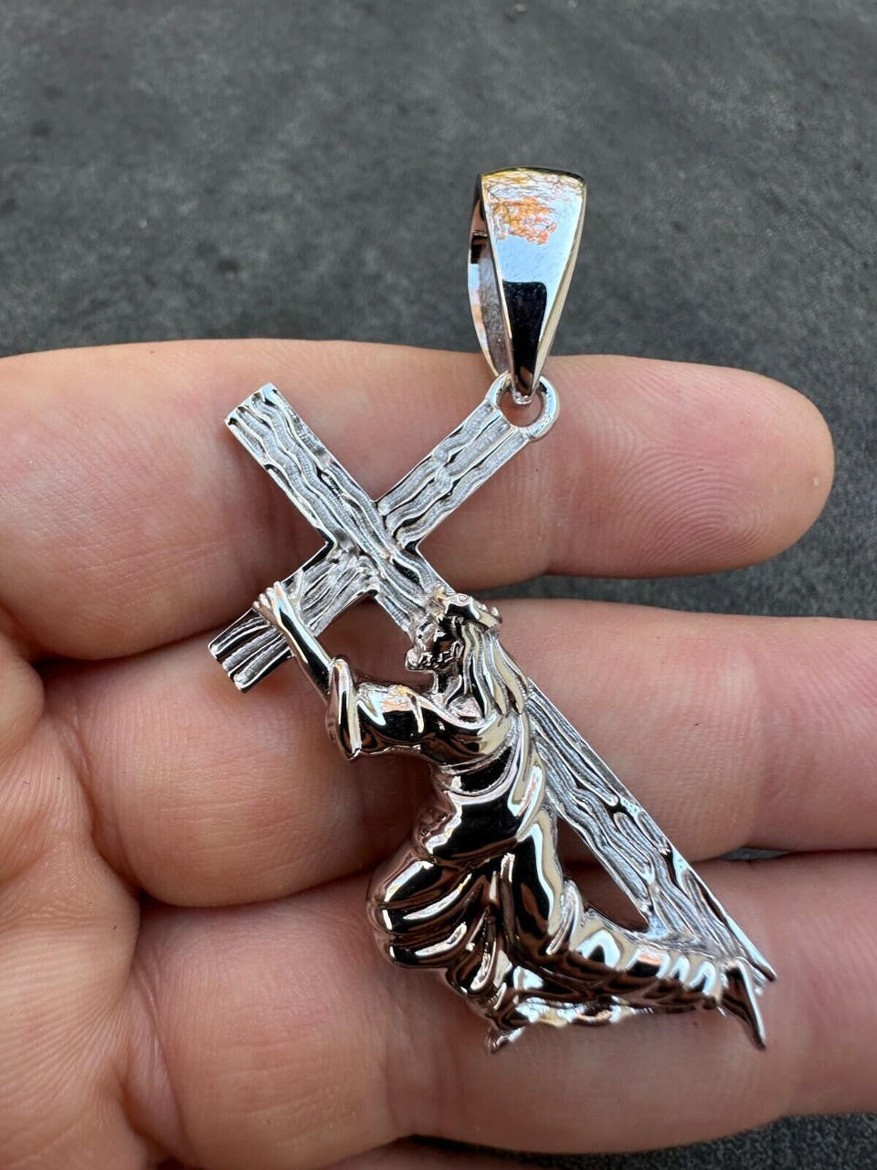 Jesus Carrying Cross Plain Pendant - 925 Silver - 3 Sizes 1"-3"