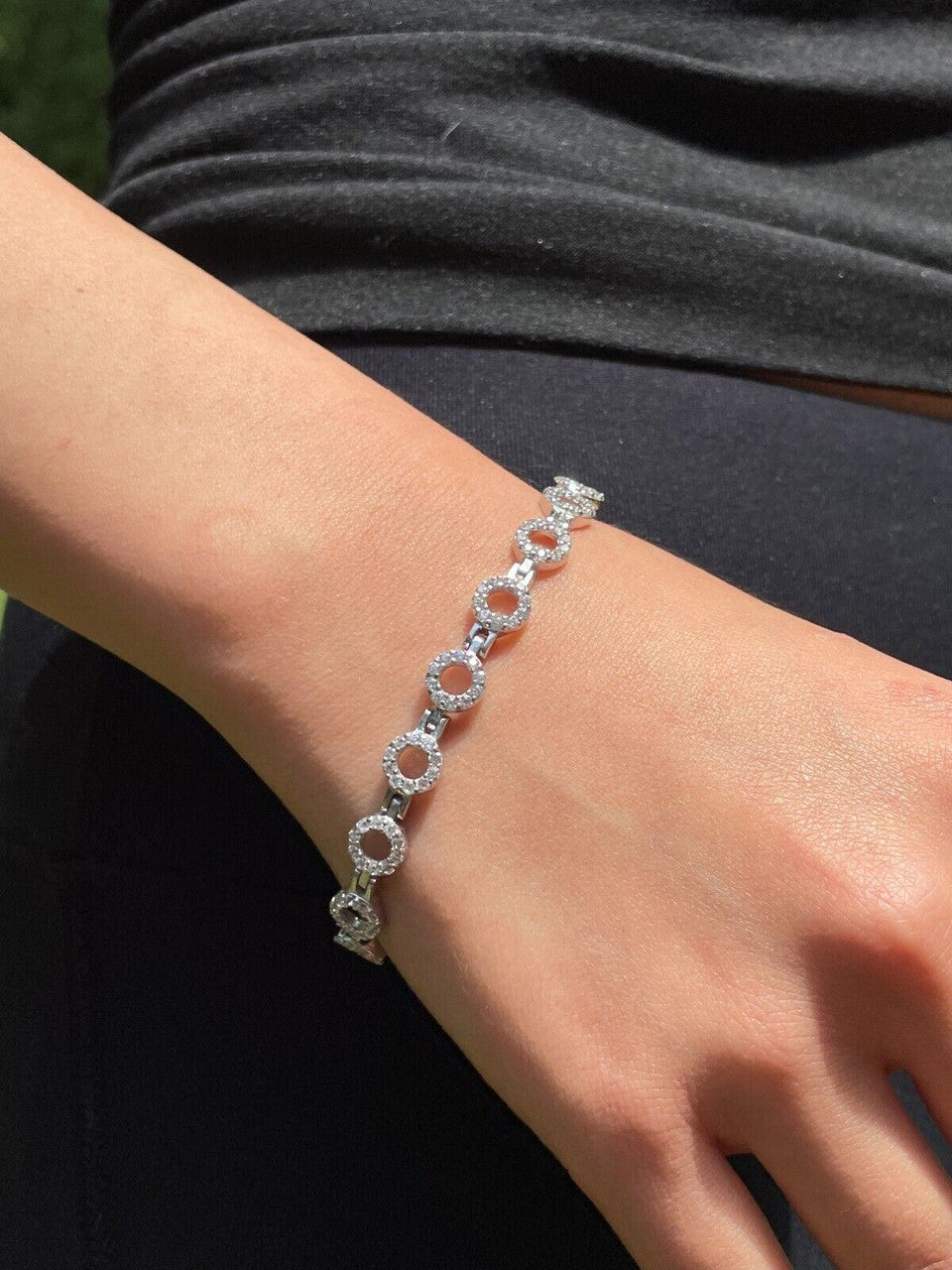 Ladies Iced Circle Custom Tennis Bracelet Adjustable Solid 925 Sterling Silver