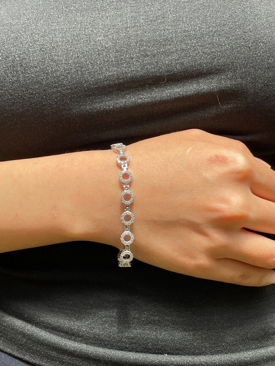 Ladies Iced Circle Custom Tennis Bracelet Adjustable Solid 925 Sterling Silver